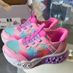 Hands Free Skechers Memory Foam Kids' Rainbow Light-Up Sneakers